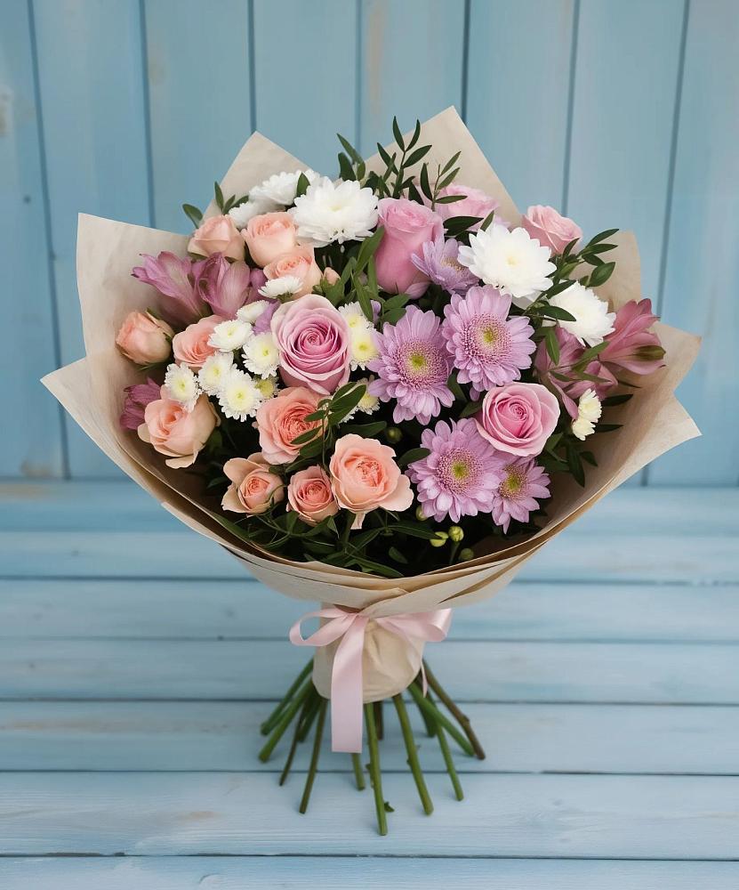 Букет цветов из: Хризантемы, Розы и Альстромерии в Сангаре