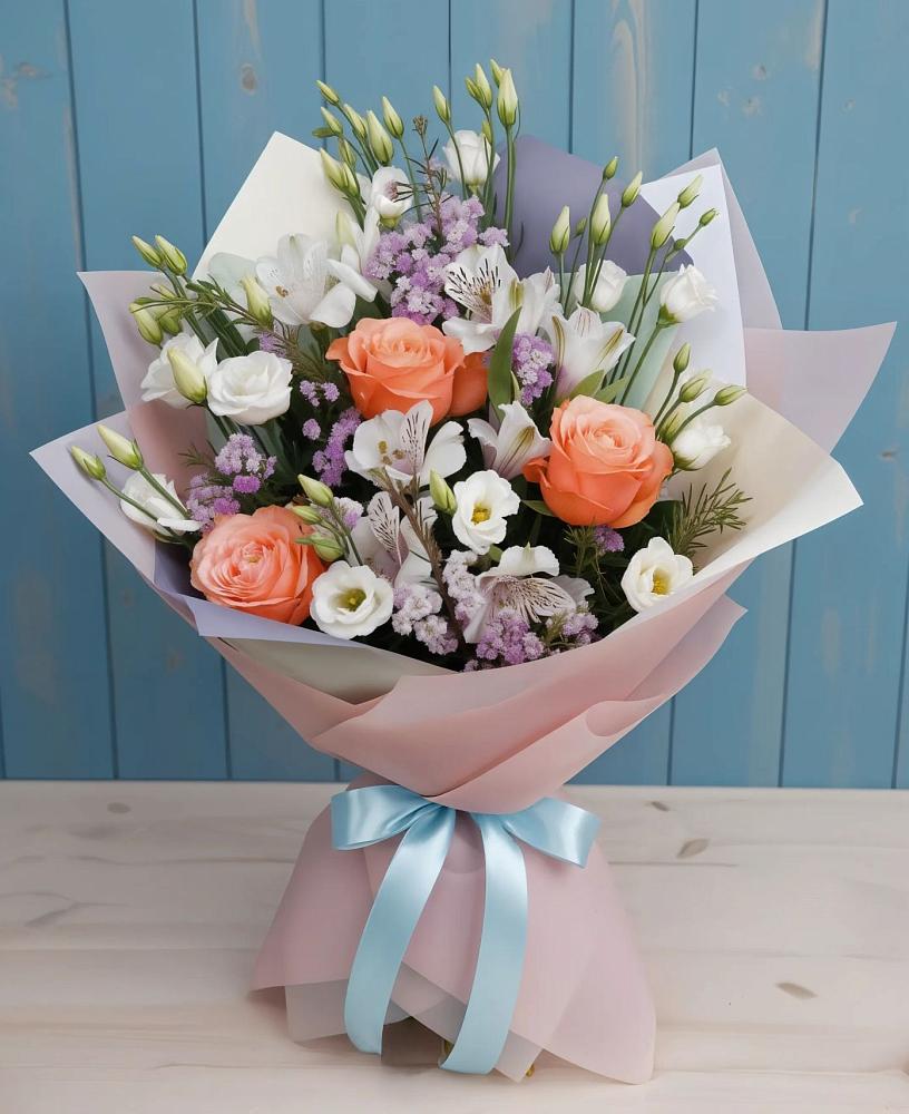 Букет цветов из: Лизиантусы, Розы, Альстромерии и Гипсофила в Сангаре