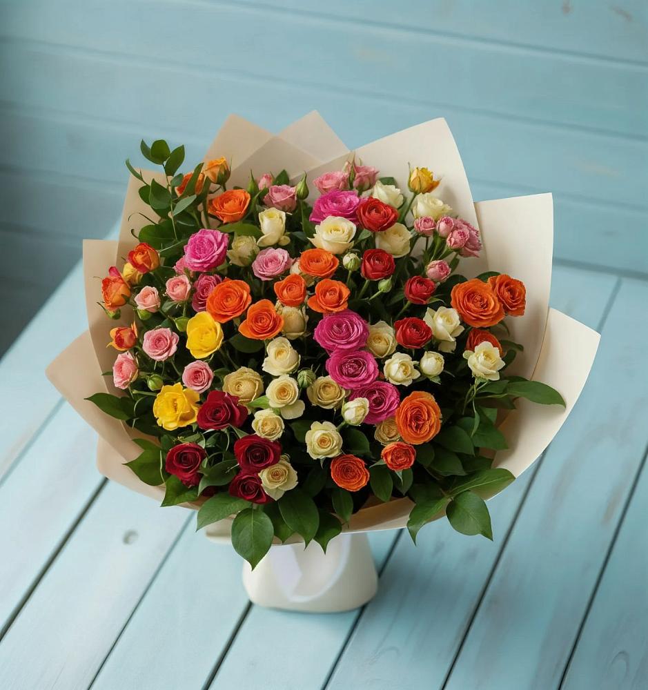 Букет Микс из разноцветных кустовых роз в Сангаре