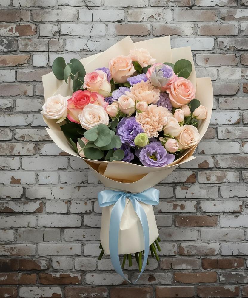 Букет цветов из: Розы, Лизиантусы и Гвоздики в Сангаре