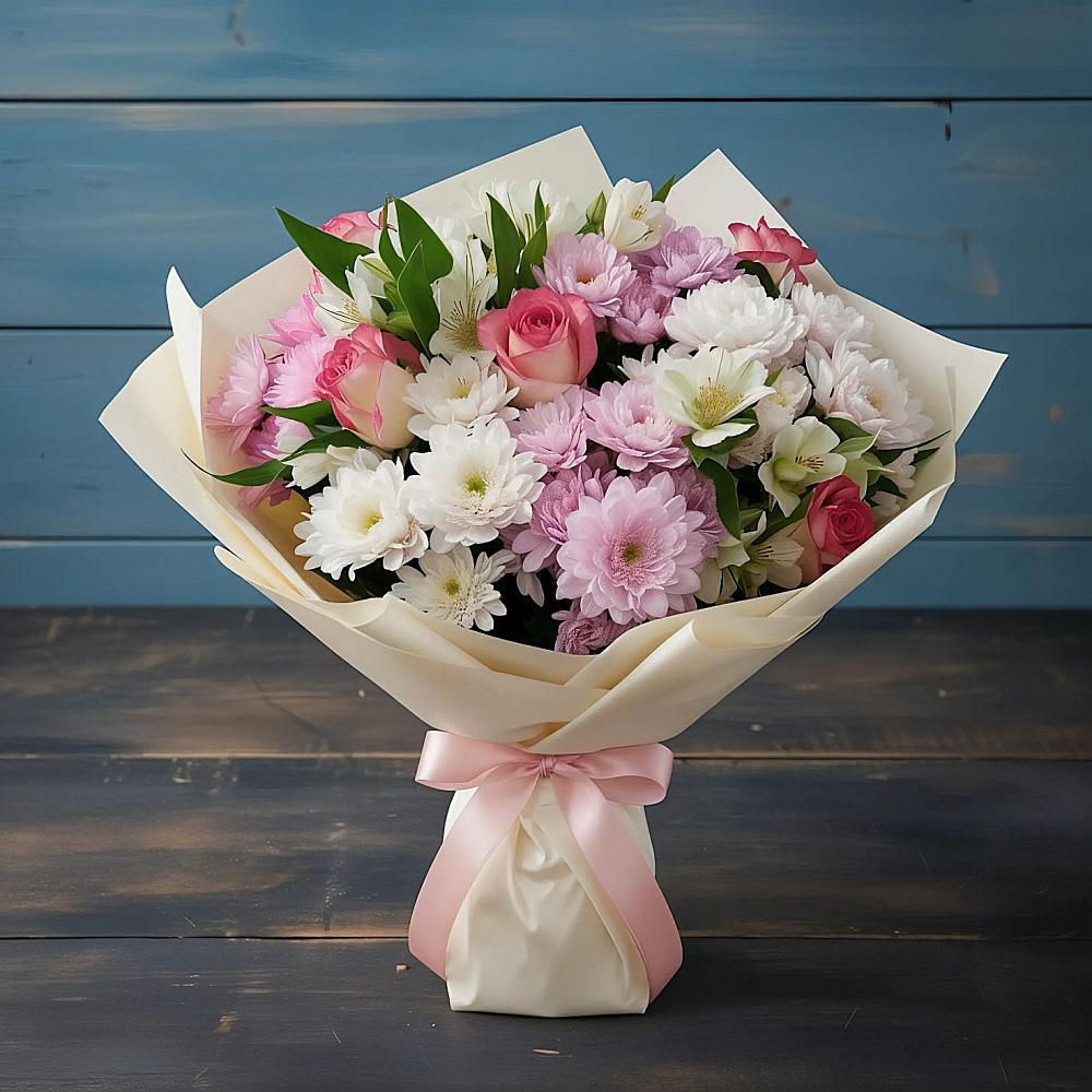 Букет цветов из: Хризантемы, Альстромерии и Розы в Сангаре